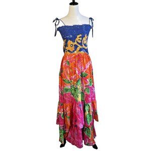 LAUREN RALPH LAUREN Maxi Dress Tiered Tie-Shoulder Tropical Print Ruched Tube SP